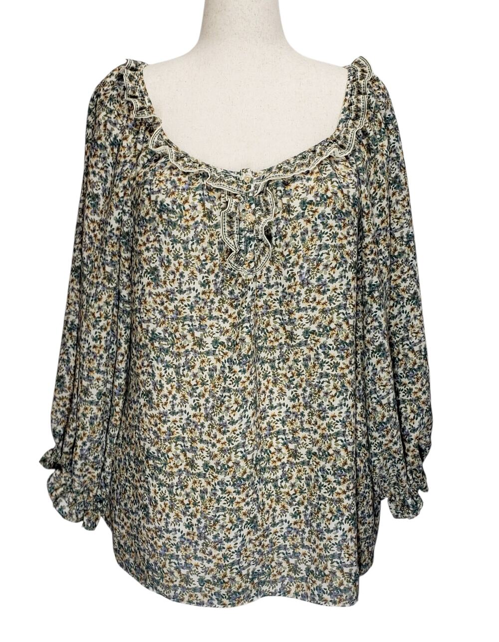 Max Studio 2X Floral Blouse Cottagecore Prairie Chic Ruffle Blue Green Top